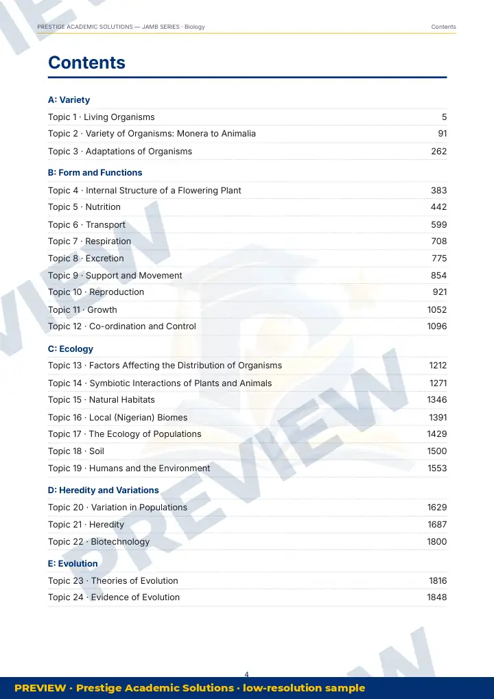 Preview page: Contents — Biology — JAMB UTME Series