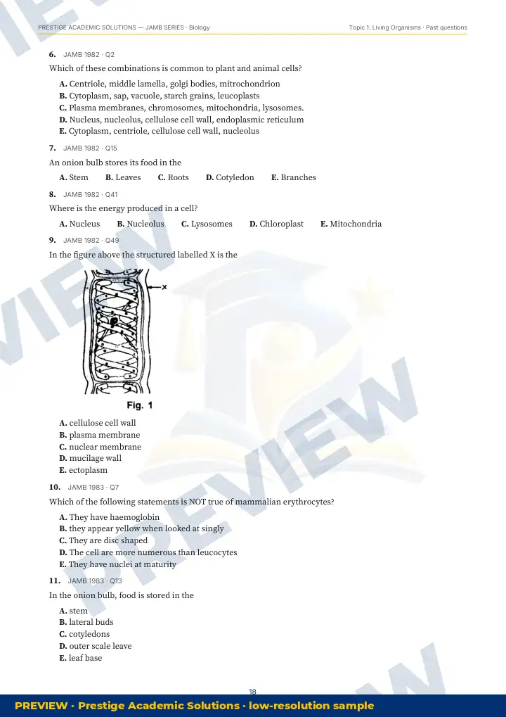 Preview page: Past questions with exam & year — Biology — JAMB UTME Series