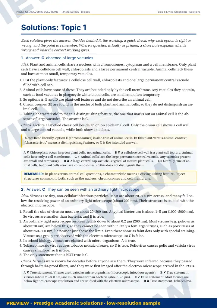 Preview page: Detailed solutions — Biology — JAMB UTME Series