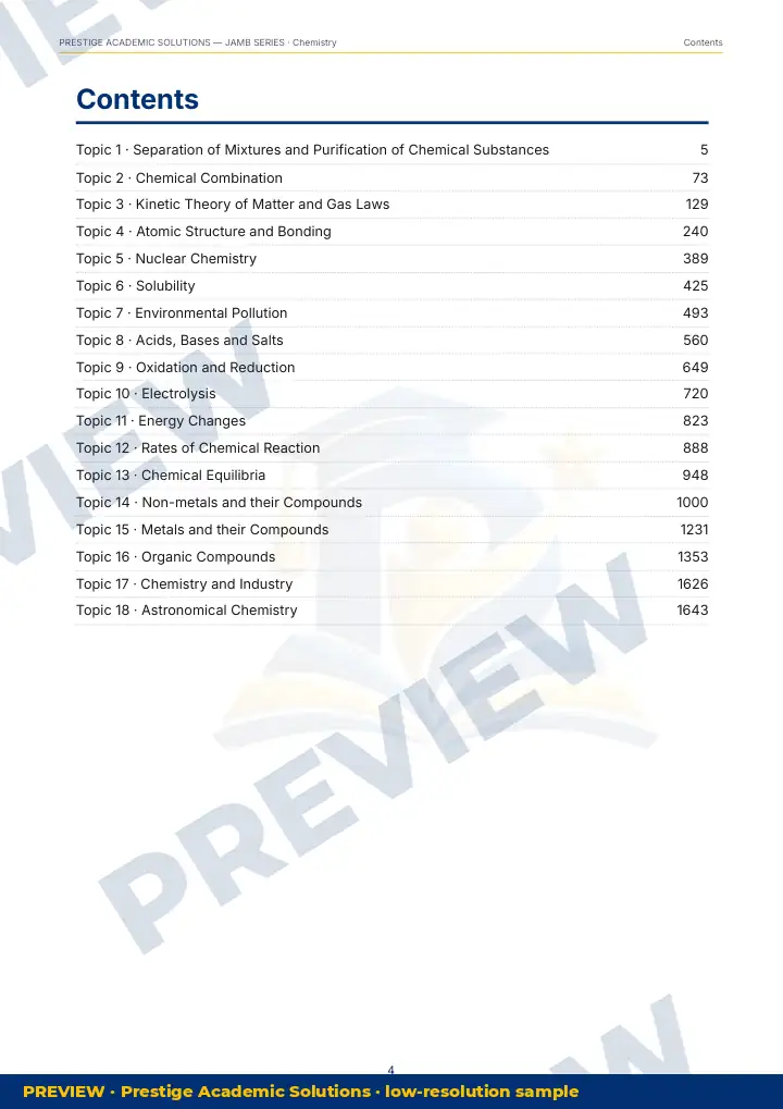 Preview page: Contents — Chemistry — JAMB UTME Series