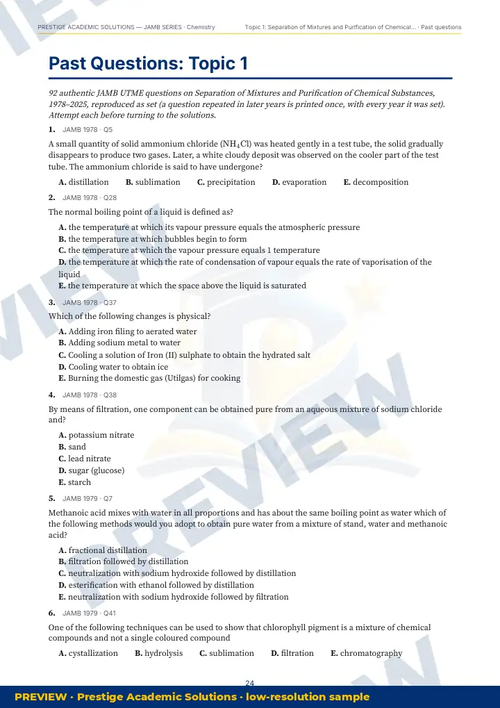 Preview page: Past questions, topic by topic — Chemistry — JAMB UTME Series