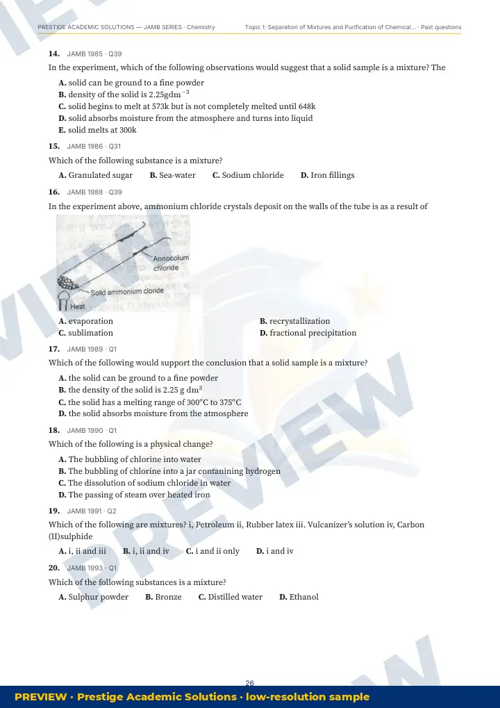 Preview page: Past questions with exam & year — Chemistry — JAMB UTME Series