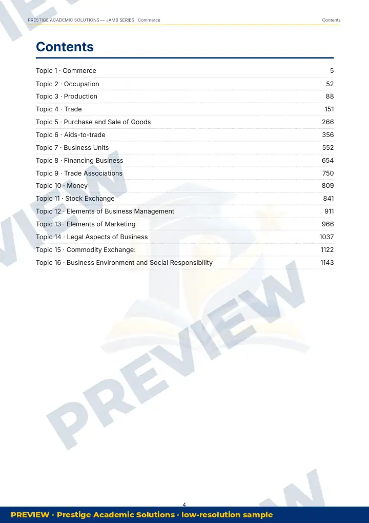 Preview page: Contents — Commerce — JAMB UTME Series