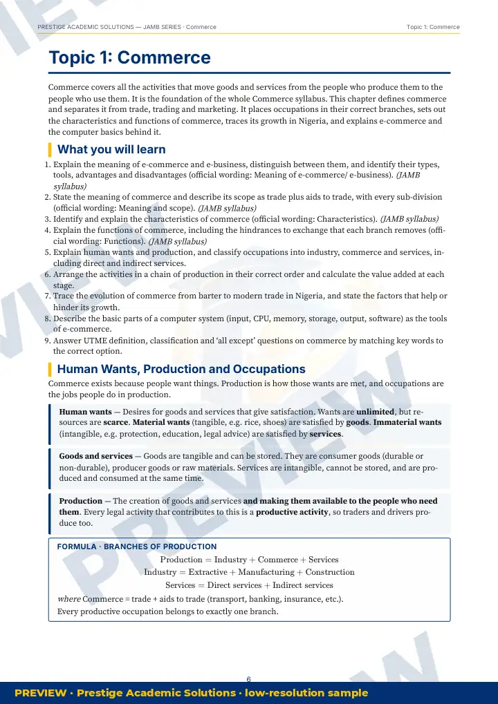 Preview page: Topic explanation — Commerce — JAMB UTME Series