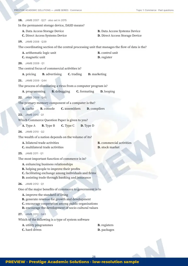 Preview page: Past questions with exam & year — Commerce — JAMB UTME Series