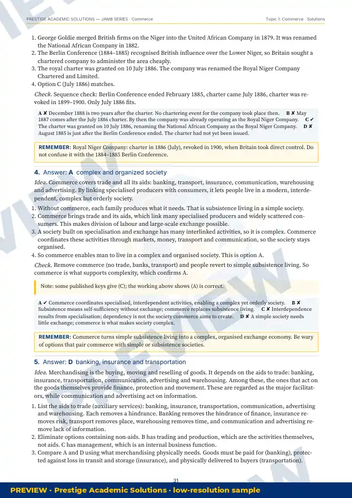 Preview page: Detailed solutions — Commerce — JAMB UTME Series
