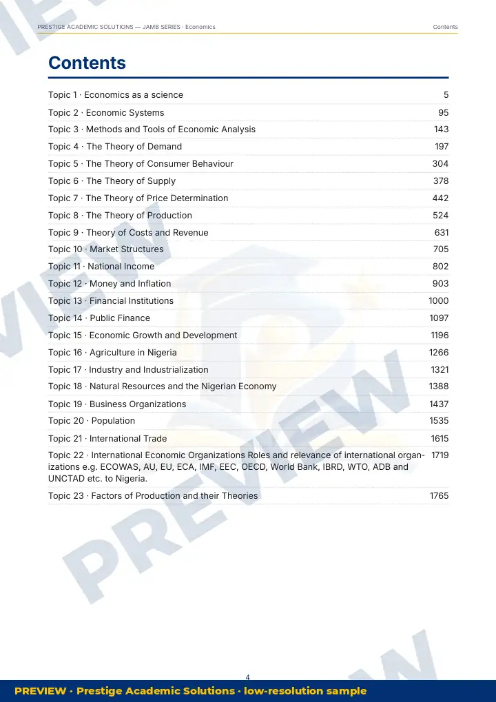 Preview page: Contents — Economics — JAMB UTME Series