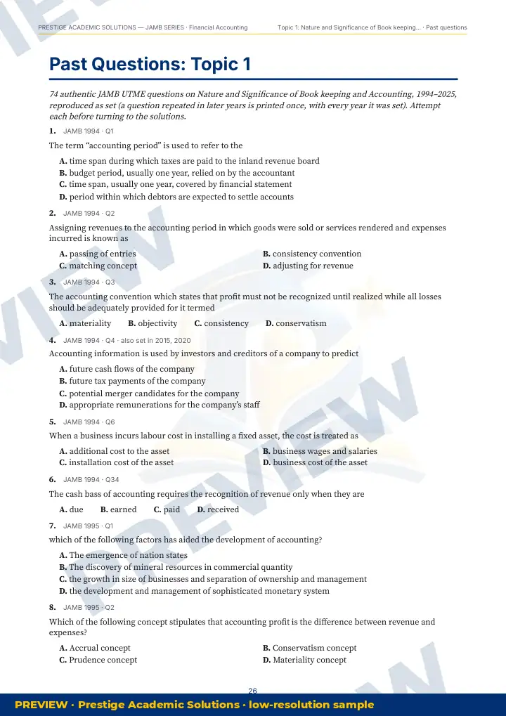 Preview page: Past questions, topic by topic — Financial Accounting — JAMB UTME Series