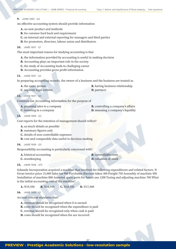 Preview page: Past questions with exam & year — Financial Accounting — JAMB UTME Series