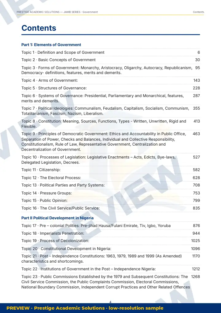 Preview page: Contents — Government — JAMB UTME Series