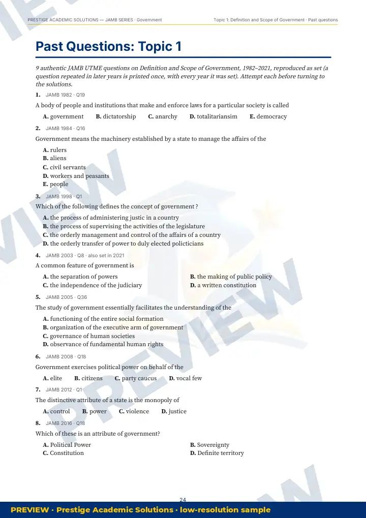 Preview page: Past questions, topic by topic — Government — JAMB UTME Series