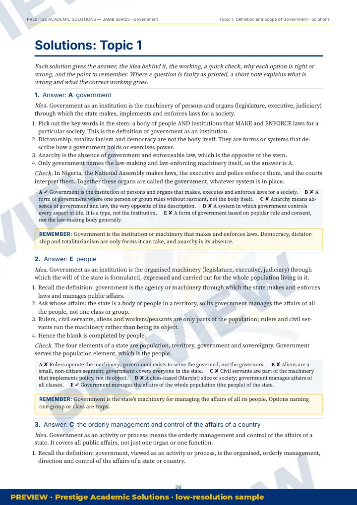 Preview page: Detailed solutions — Government — JAMB UTME Series