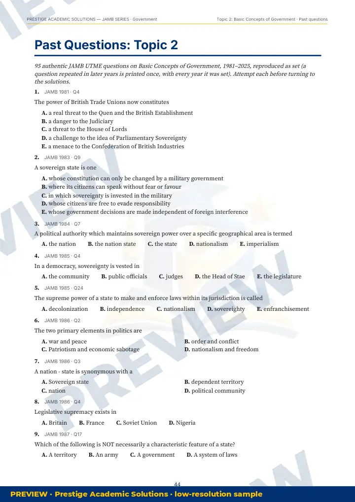 Preview page: Past questions with exam & year — Government — JAMB UTME Series