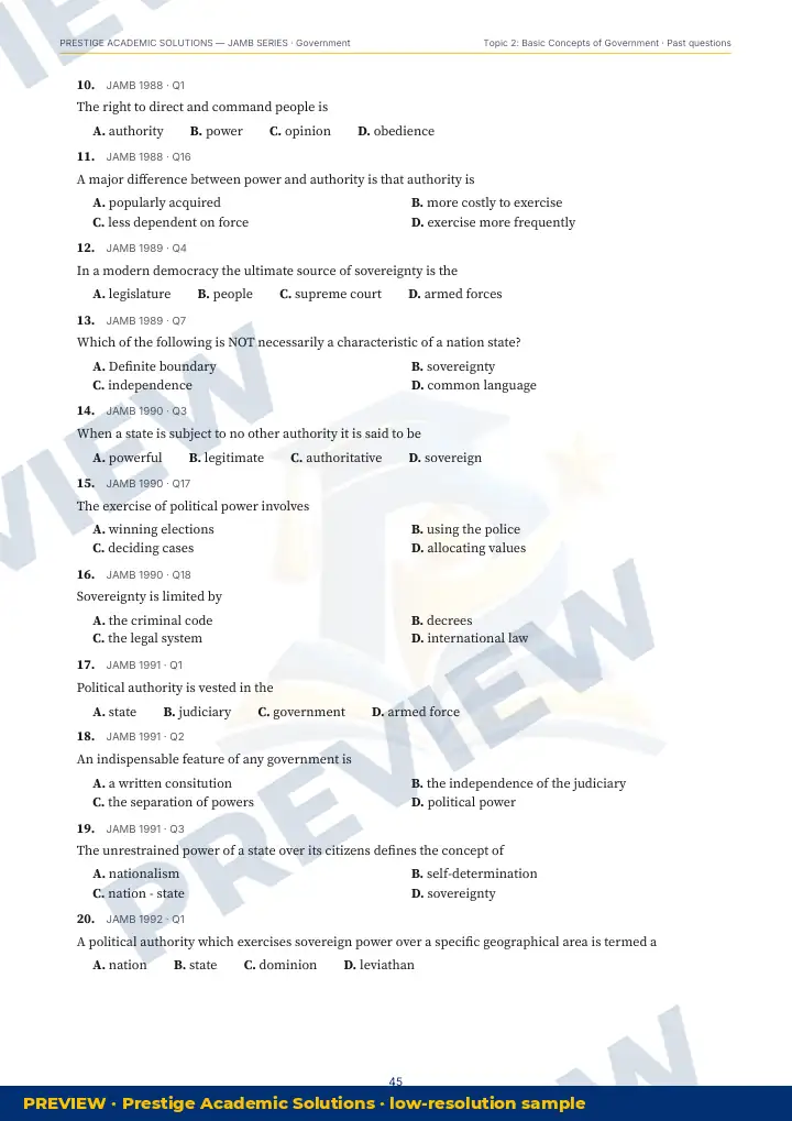 Preview page: Past questions with exam & year — Government — JAMB UTME Series