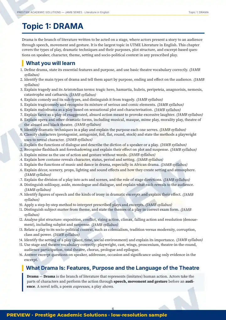 Preview page: Topic explanation — Literature in English — JAMB UTME Series