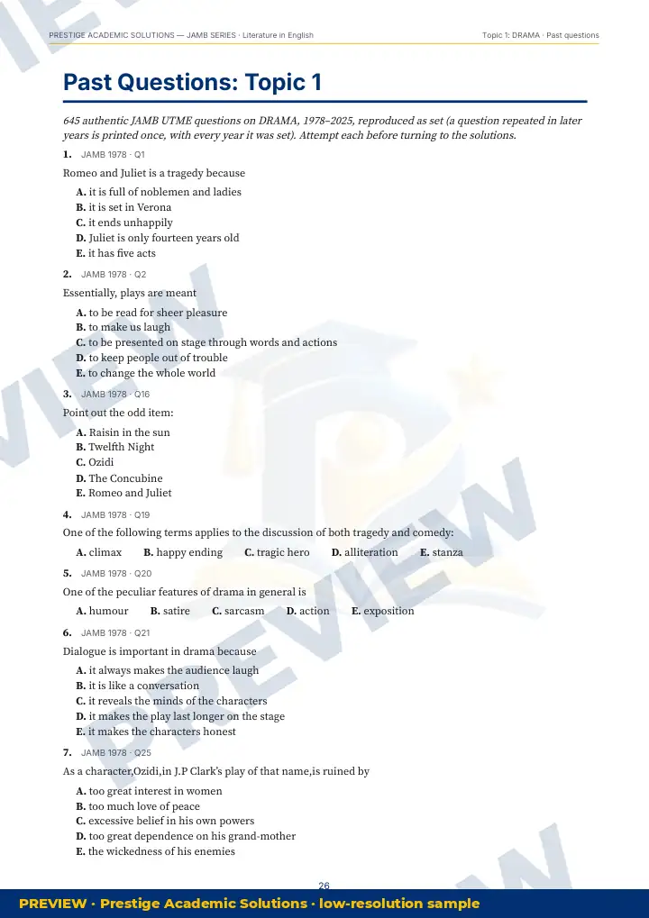 Preview page: Past questions, topic by topic — Literature in English — JAMB UTME Series