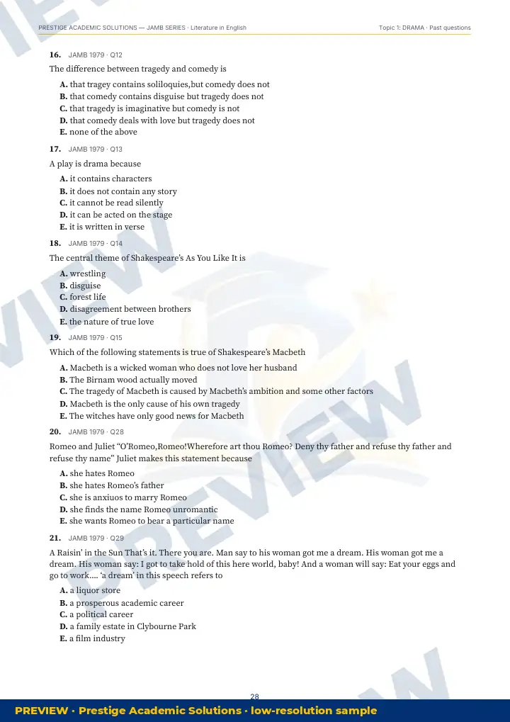 Preview page: Past questions with exam & year — Literature in English — JAMB UTME Series