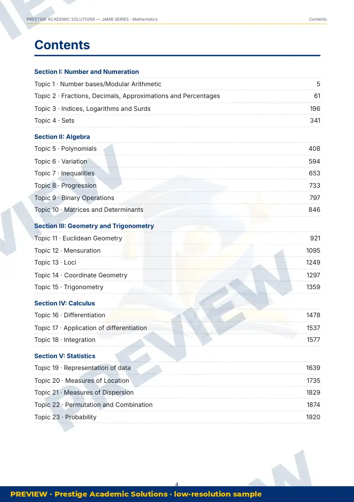 Preview page: Contents — Mathematics — JAMB UTME Series