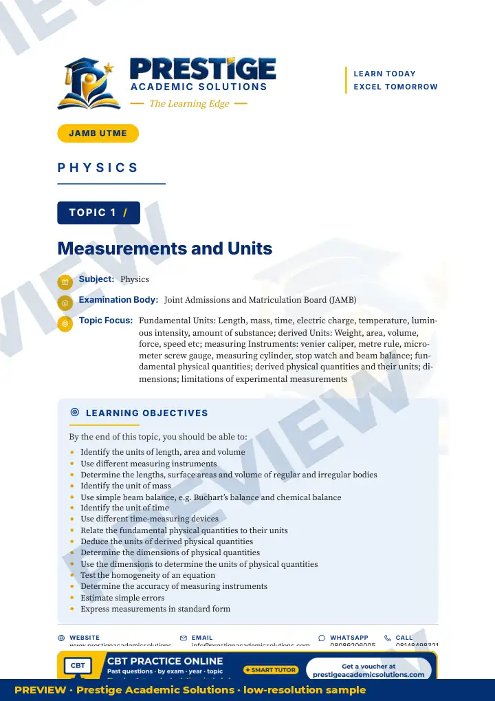 Preview page: Topic opener — Physics — JAMB UTME Series