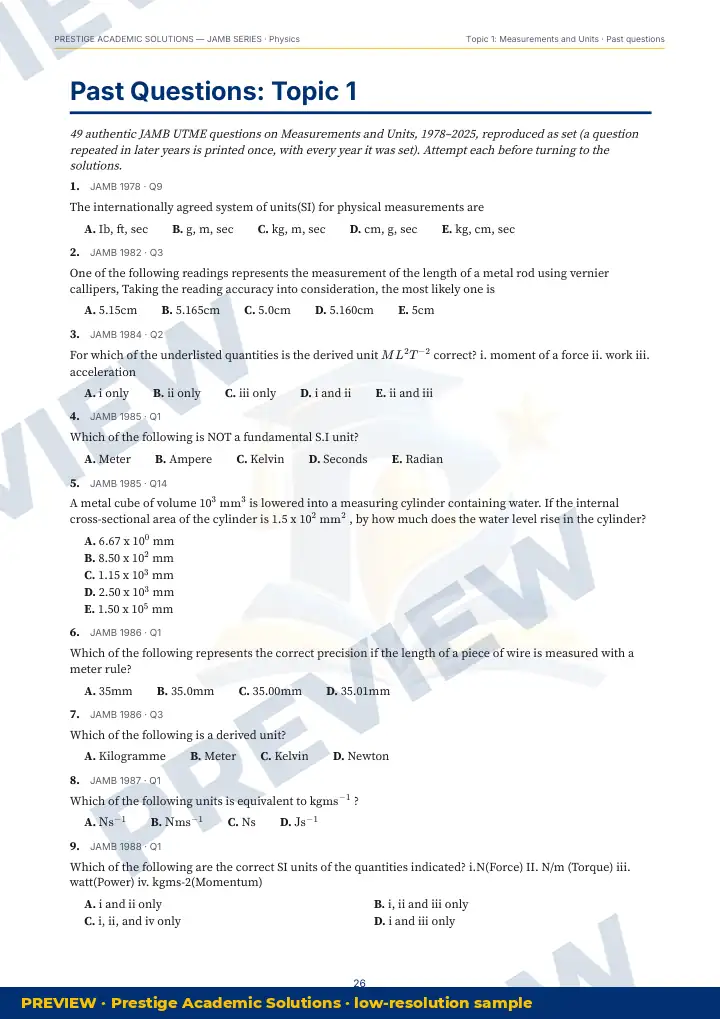 Preview page: Past questions, topic by topic — Physics — JAMB UTME Series