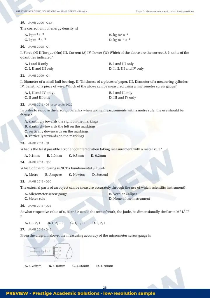 Preview page: Past questions with exam & year — Physics — JAMB UTME Series