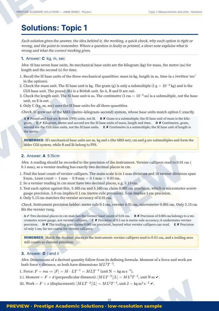 Preview page: Detailed solutions — Physics — JAMB UTME Series