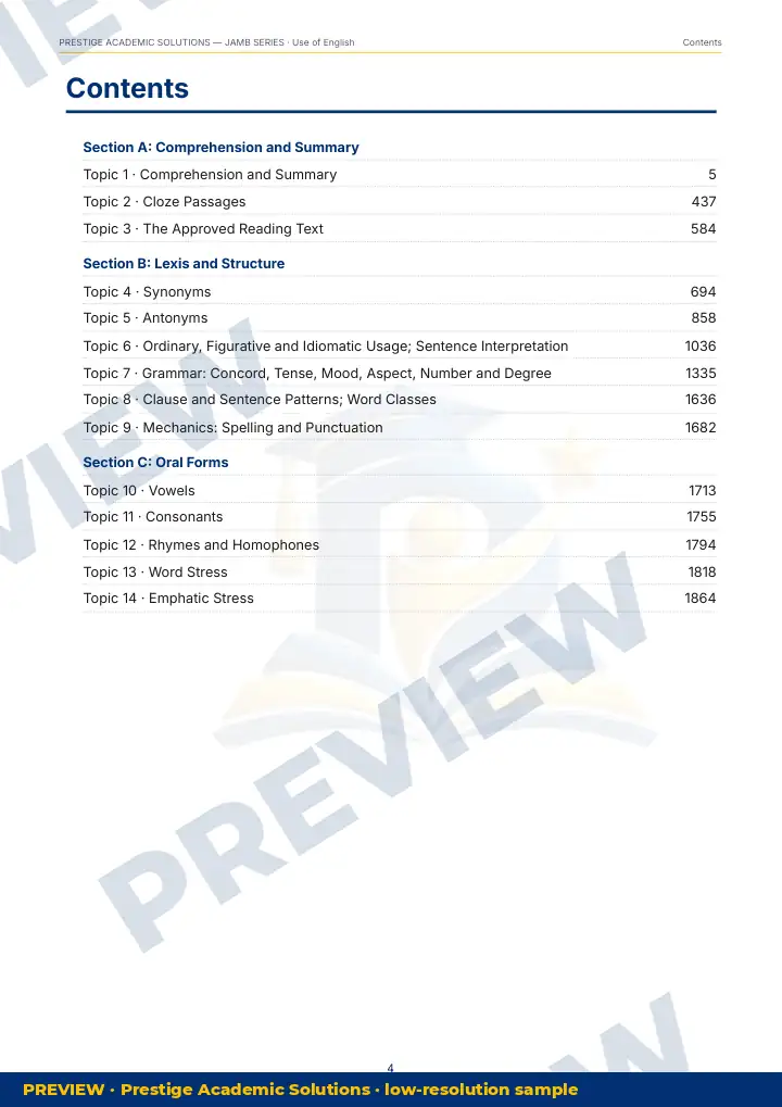Preview page: Contents — Use of English — JAMB UTME Series