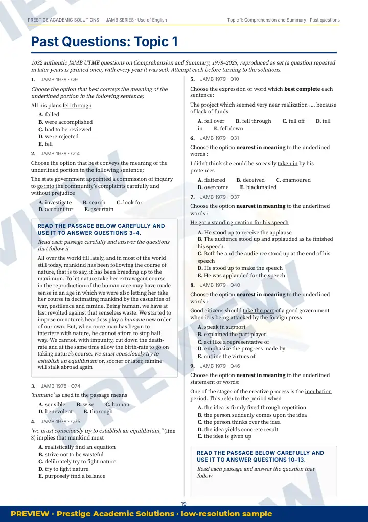 Preview page: Past questions, topic by topic — Use of English — JAMB UTME Series
