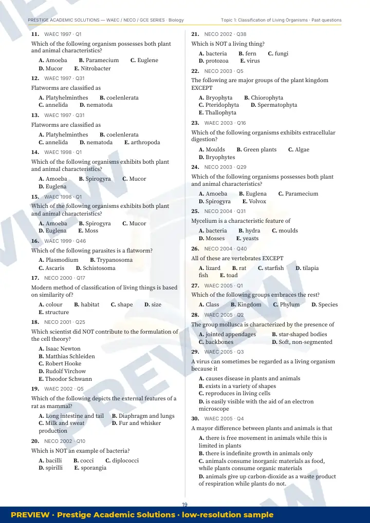 Preview page: Past questions with exam & year — Biology — WAEC / NECO / GCE Series