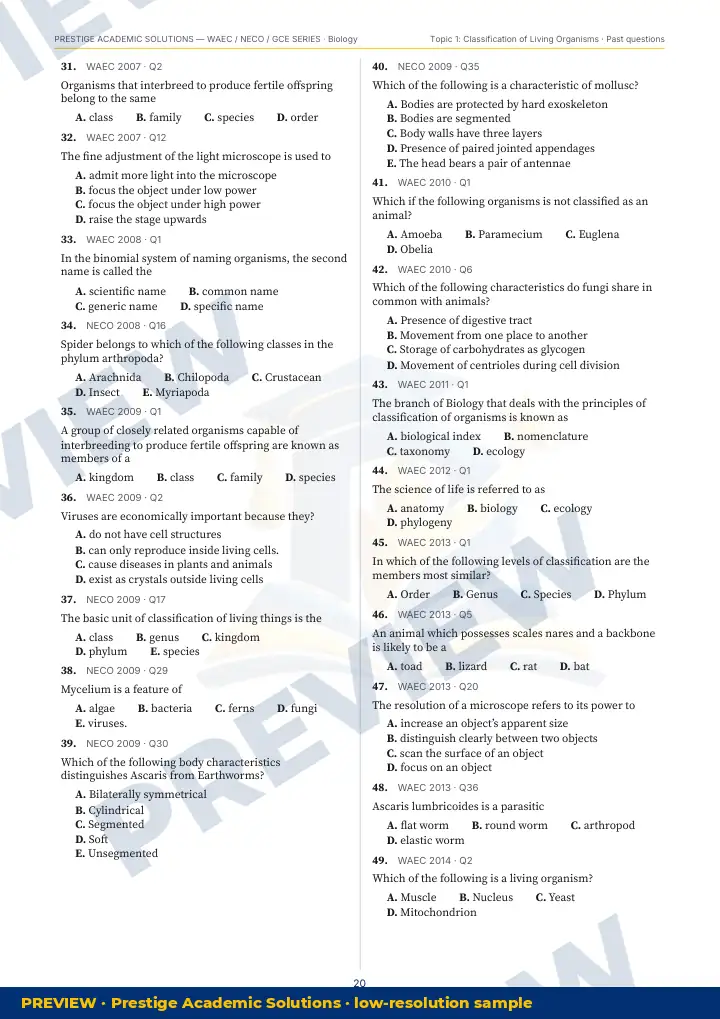 Preview page: Past questions with exam & year — Biology — WAEC / NECO / GCE Series