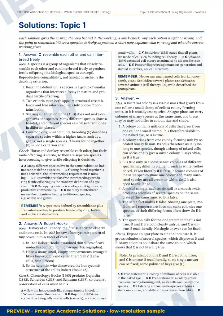 Preview page: Detailed solutions — Biology — WAEC / NECO / GCE Series