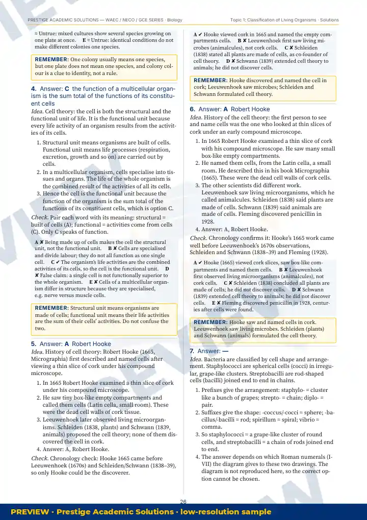 Preview page: Detailed solutions — Biology — WAEC / NECO / GCE Series