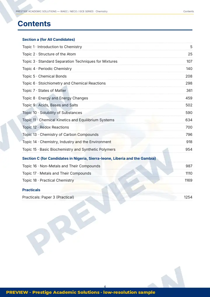 Preview page: Contents — Chemistry — WAEC / NECO / GCE Series