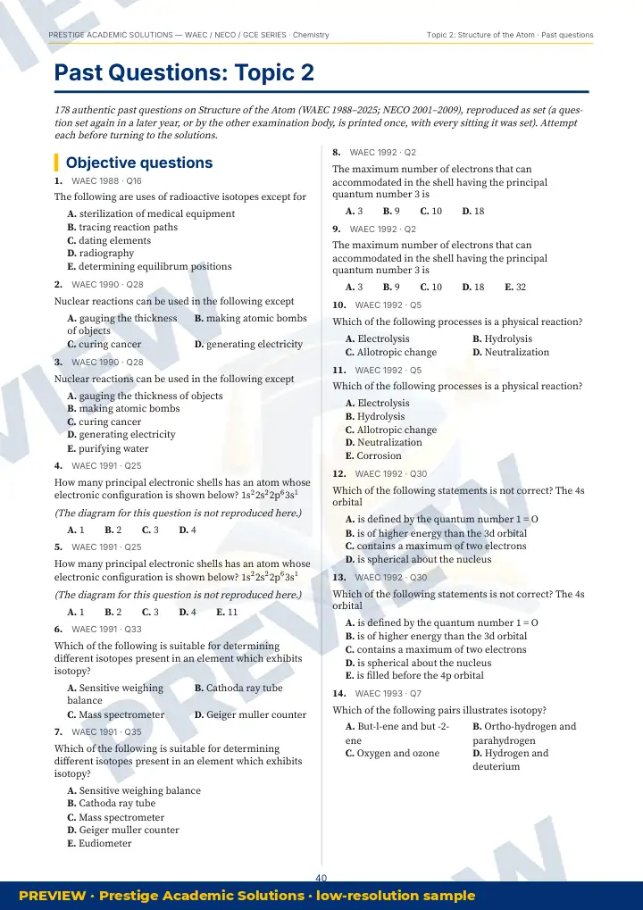 Preview page: Past questions with exam & year — Chemistry — WAEC / NECO / GCE Series