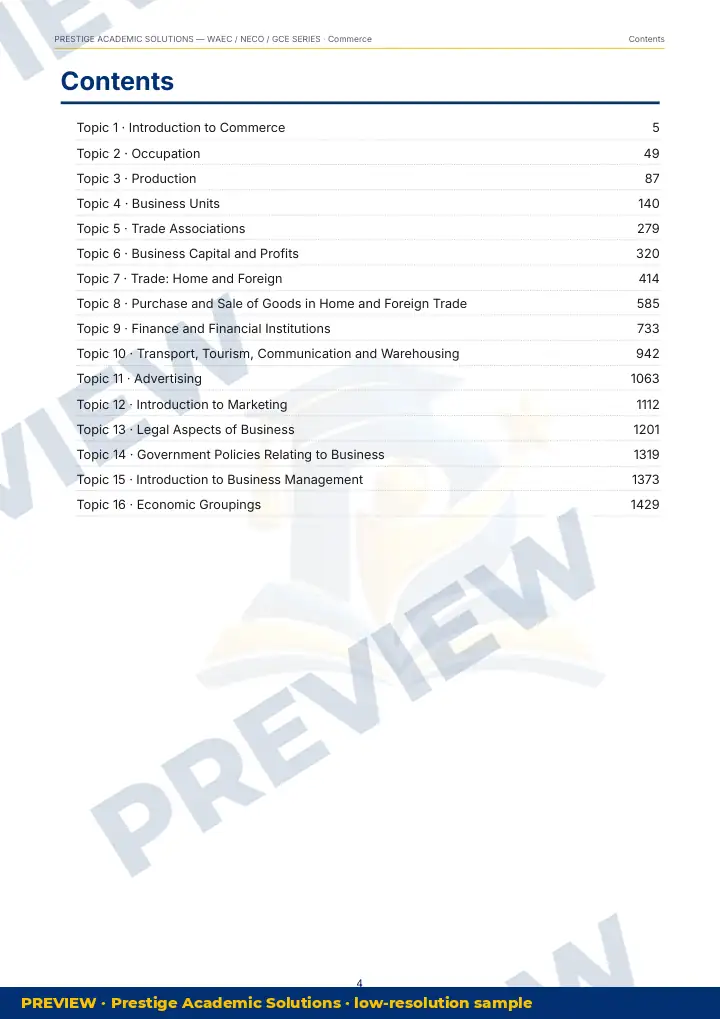 Preview page: Contents — Commerce — WAEC / NECO / GCE Series