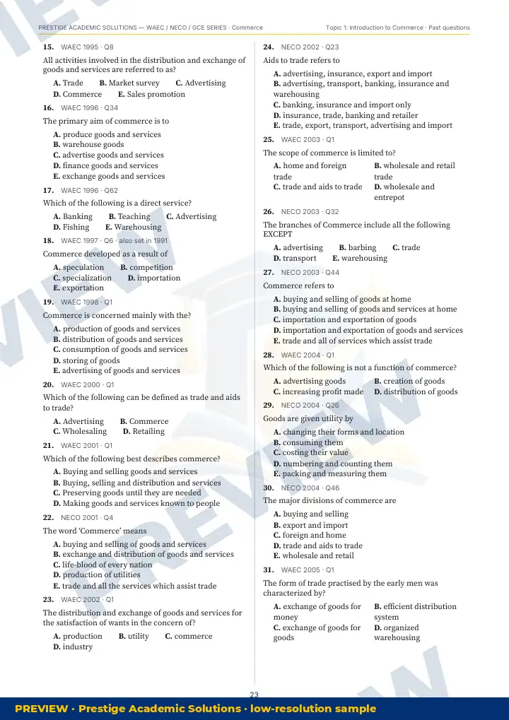 Preview page: Past questions with exam & year — Commerce — WAEC / NECO / GCE Series