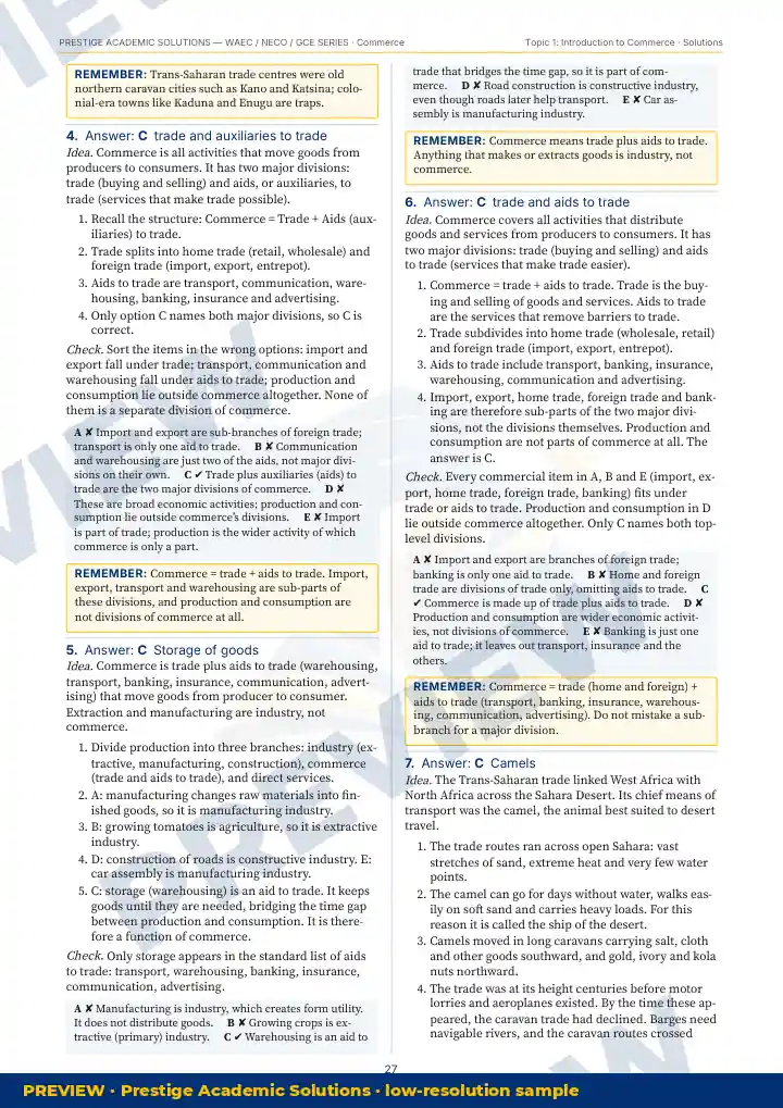 Preview page: Detailed solutions — Commerce — WAEC / NECO / GCE Series