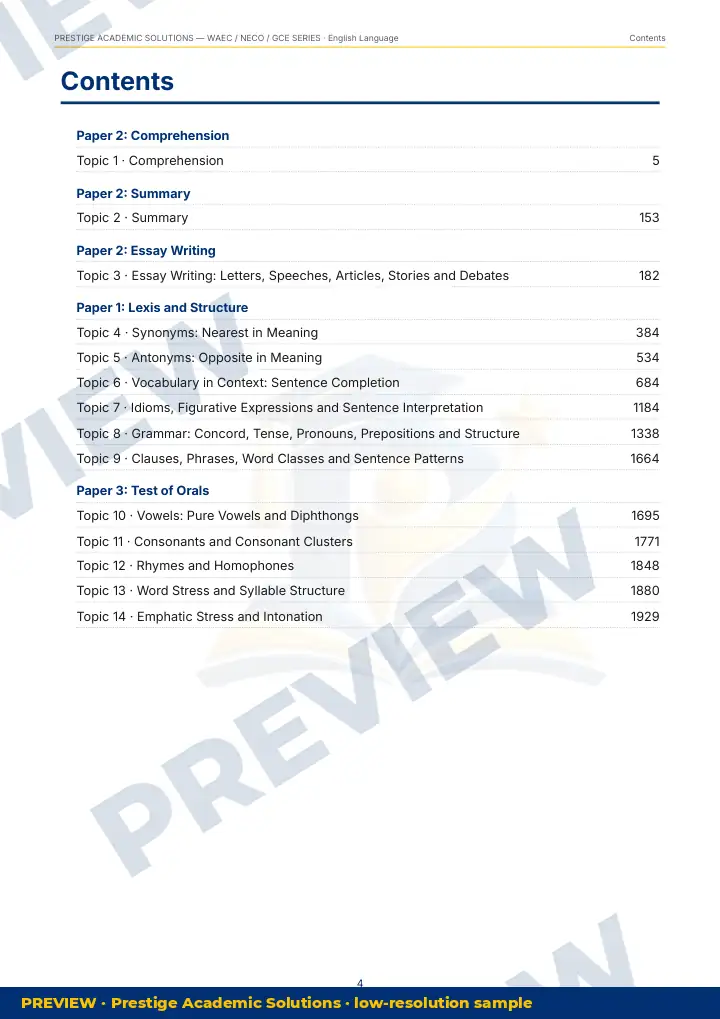 Preview page: Contents — English Language — WAEC / NECO / GCE Series