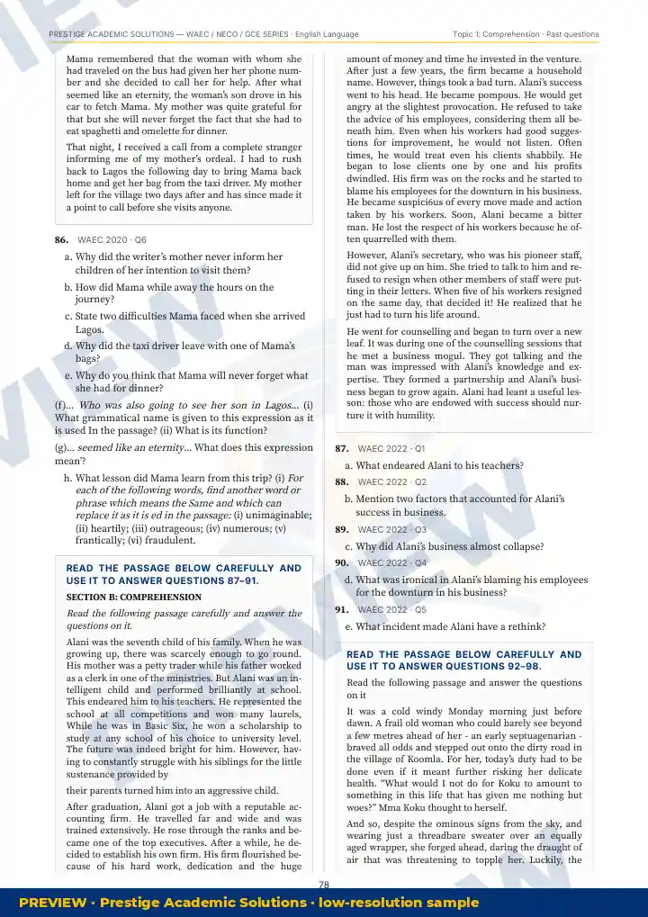 Preview page: Past questions with exam & year — English Language — WAEC / NECO / GCE Series