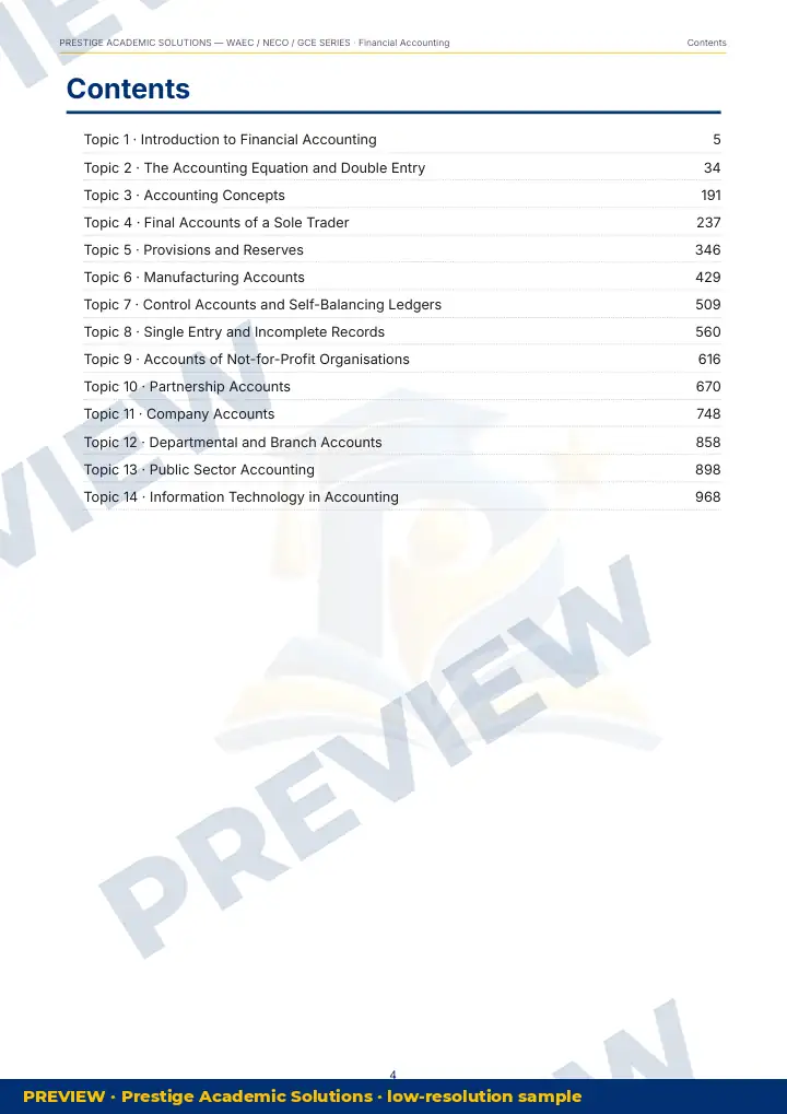 Preview page: Contents — Financial Accounting — WAEC / NECO / GCE Series