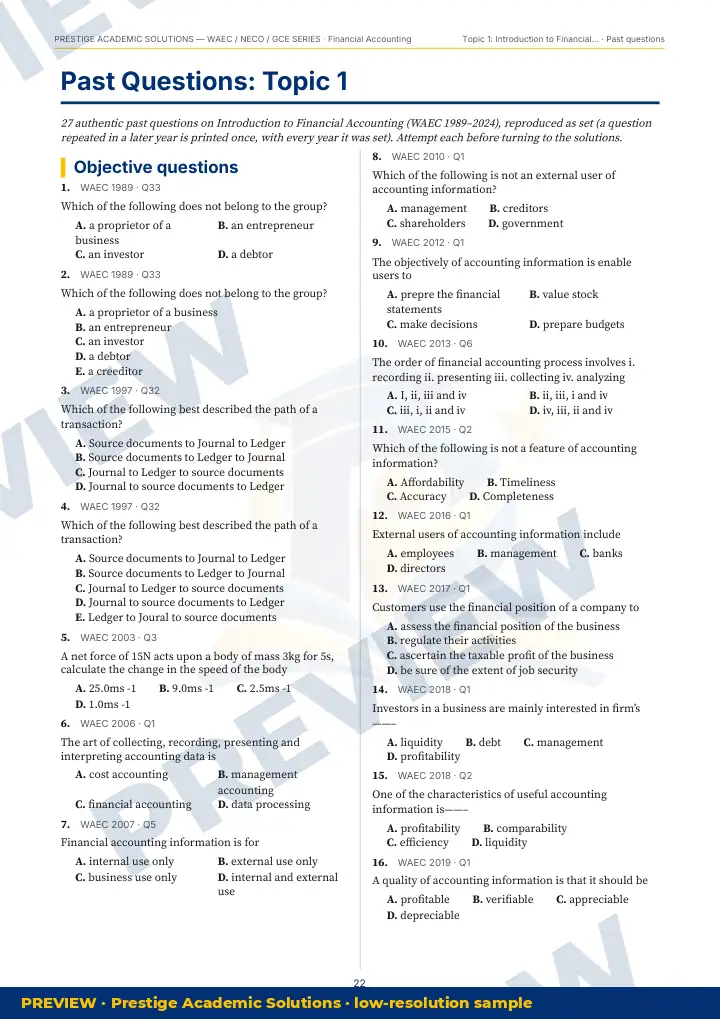 Preview page: Past questions, topic by topic — Financial Accounting — WAEC / NECO / GCE Series