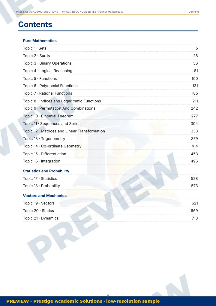 Preview page: Contents — Further Mathematics — WAEC / NECO / GCE Series