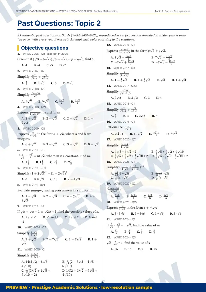 Preview page: Past questions with exam & year — Further Mathematics — WAEC / NECO / GCE Series