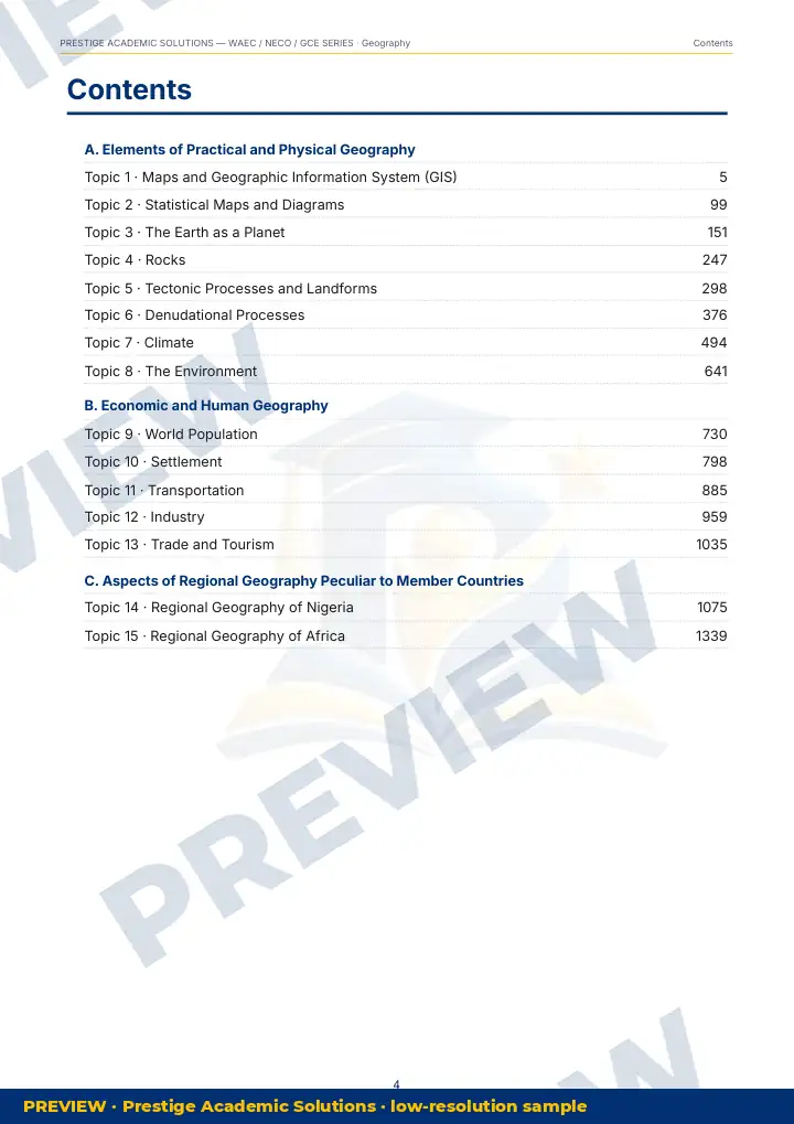 Preview page: Contents — Geography — WAEC / NECO / GCE Series