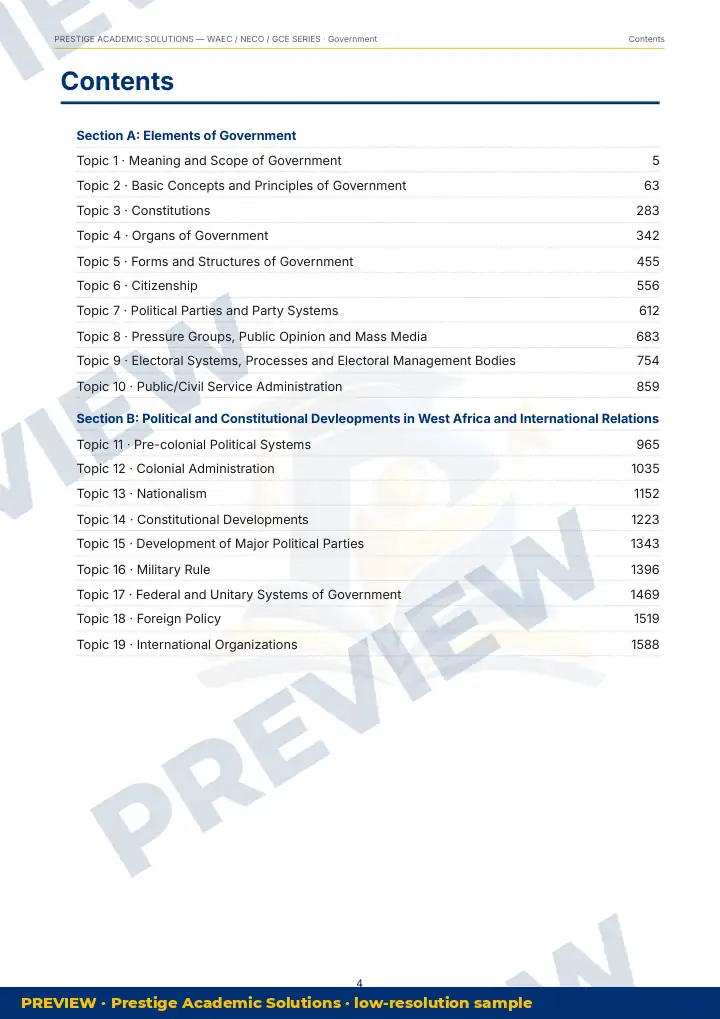 Preview page: Contents — Government — WAEC / NECO / GCE Series