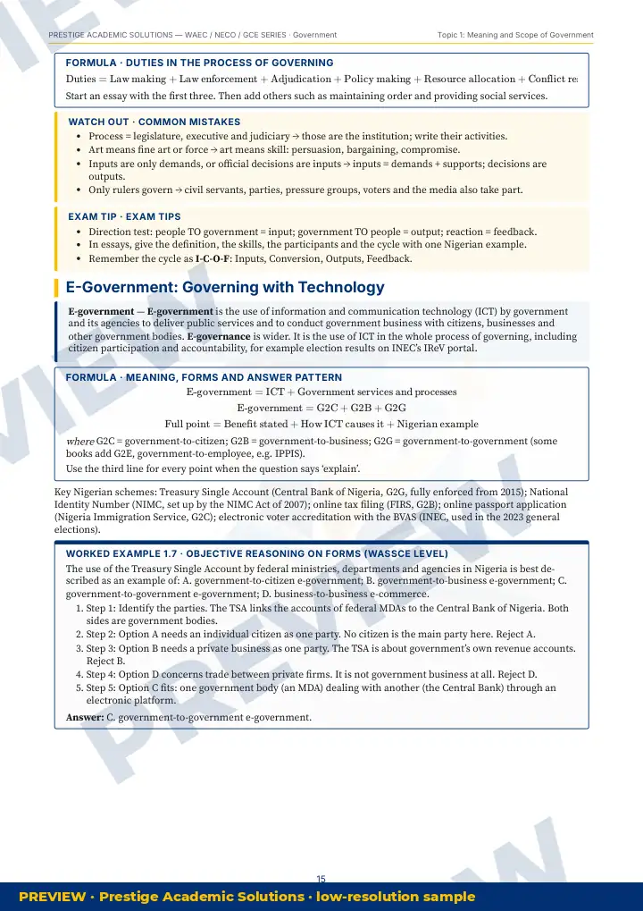 Preview page: Formulas & key rules — Government — WAEC / NECO / GCE Series