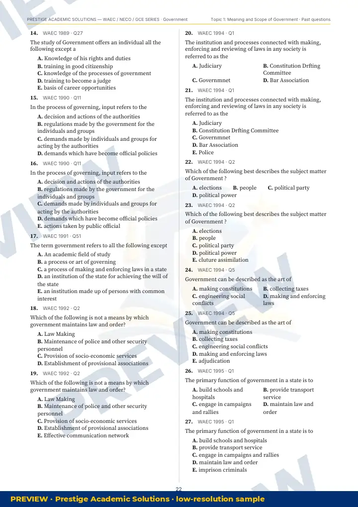 Preview page: Past questions with exam & year — Government — WAEC / NECO / GCE Series