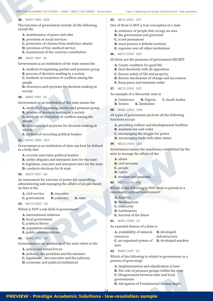 Preview page: Past questions with exam & year — Government — WAEC / NECO / GCE Series