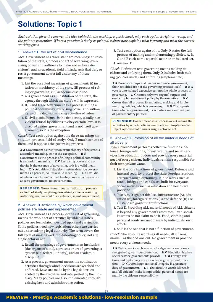 Preview page: Detailed solutions — Government — WAEC / NECO / GCE Series