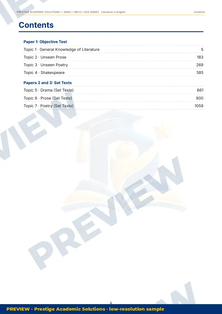 Preview page: Contents — Literature in English — WAEC / NECO / GCE Series